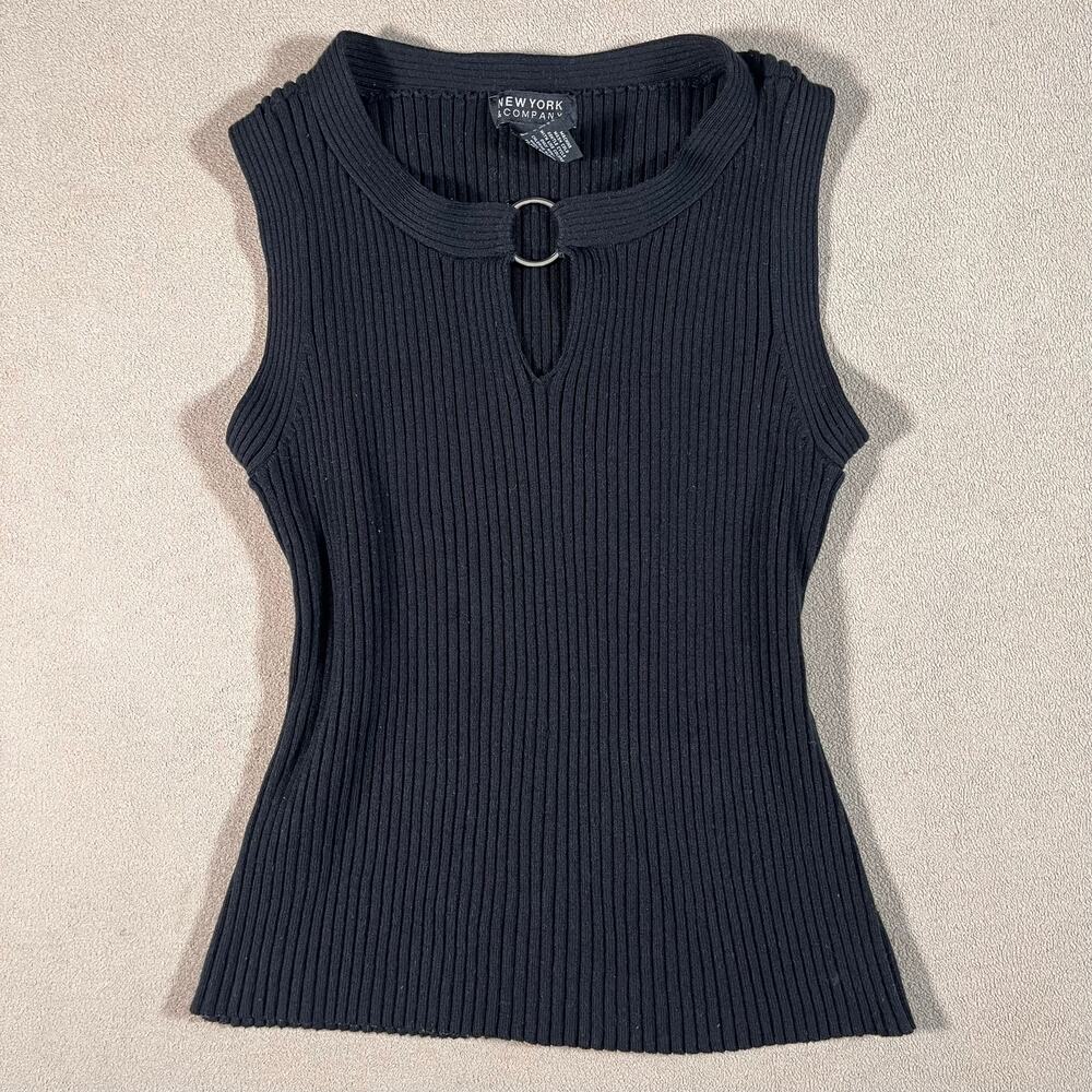 VTG Y2K Ribbed Sleeveless Sweater Blouse Classy Minimalist Ring Womens Sz L